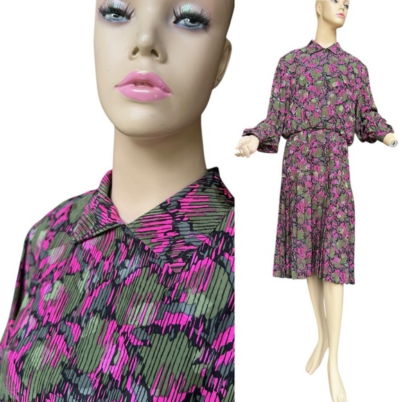 Adele Simpson Vintage Pink and Green Patterned Drop Waist  Dress - Picture 1 of 10